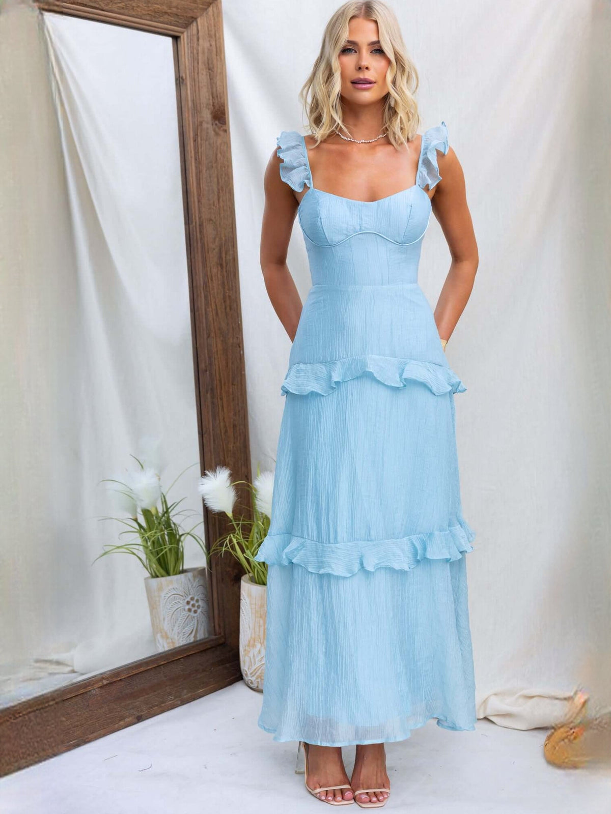 Light Blue a-line maxi formal dress with tiered skirt, alternate full-length view