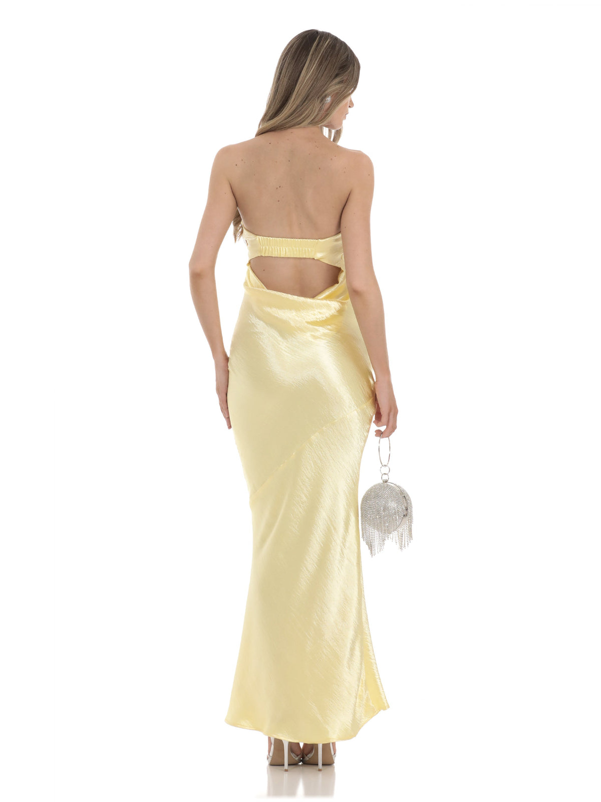 Yellow satin strapless maxi dress with low back cutout and draped detail
