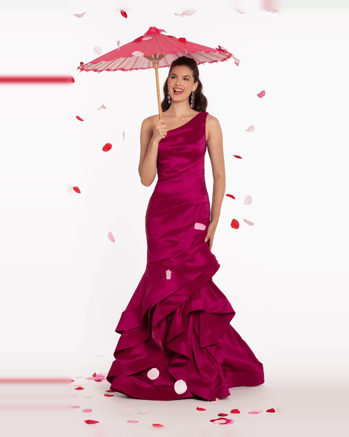 One-shoulder mermaid maxi prom dress in magenta with ruffled tiered skirt