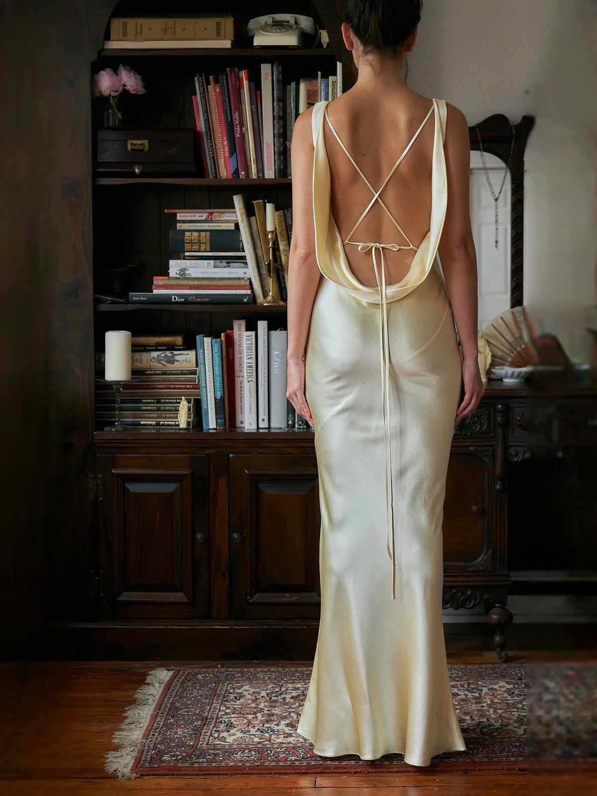 Ivory satin mermaid prom dress, open back with crisscross thin straps.