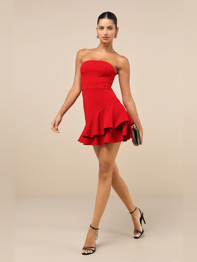 Red strapless mini dress with ruffled skirt and bandeau neckline