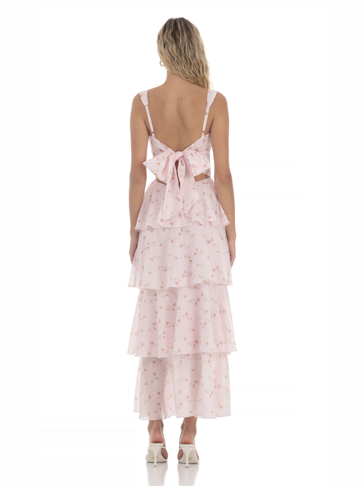 Pink bridesmaid dress with structured woven fabric construction and maxi hem