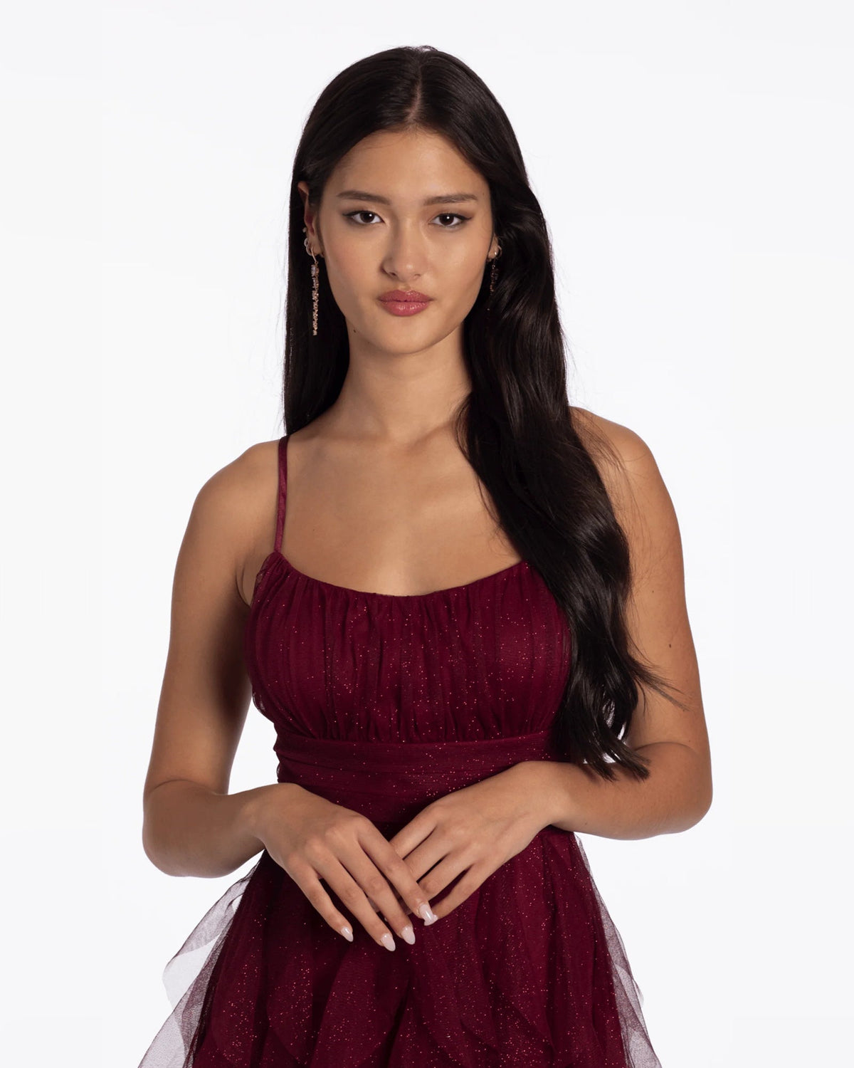 Wine spaghetti-strap dress with lace-embellished bodice and tiered tulle skirt