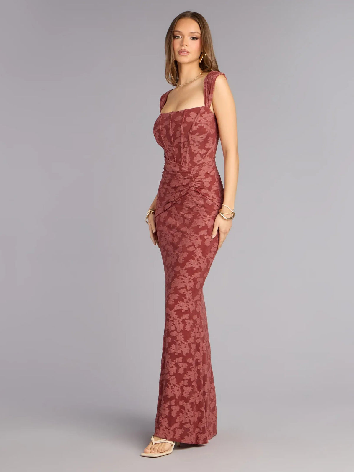 Burgundy square-neck corset maxi dress with ruching, sleeveless, floral print