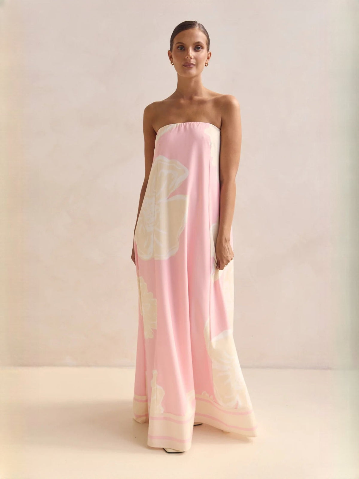 Pink Cream Abstract Print a-line maxi formal dress with printed pattern, alternate full-length view