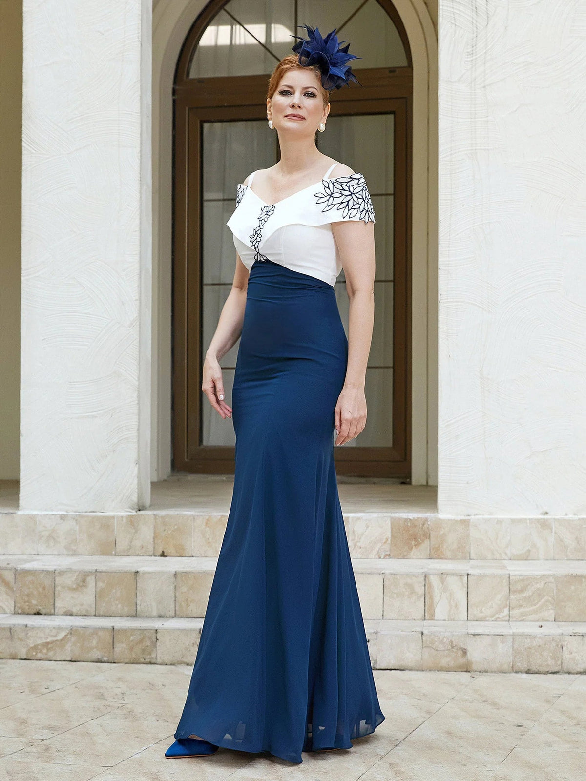 Navy mermaid formal dress with off-shoulder floral embroidery and fitted waist