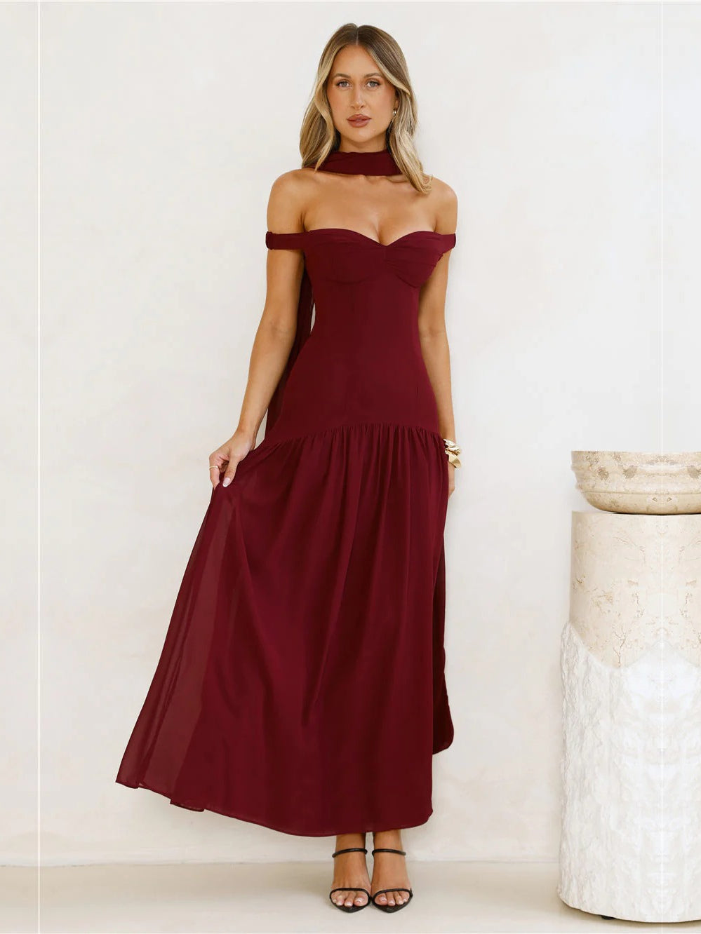 Burgundy a-line maxi formal dress with pleated skirt, alternate view