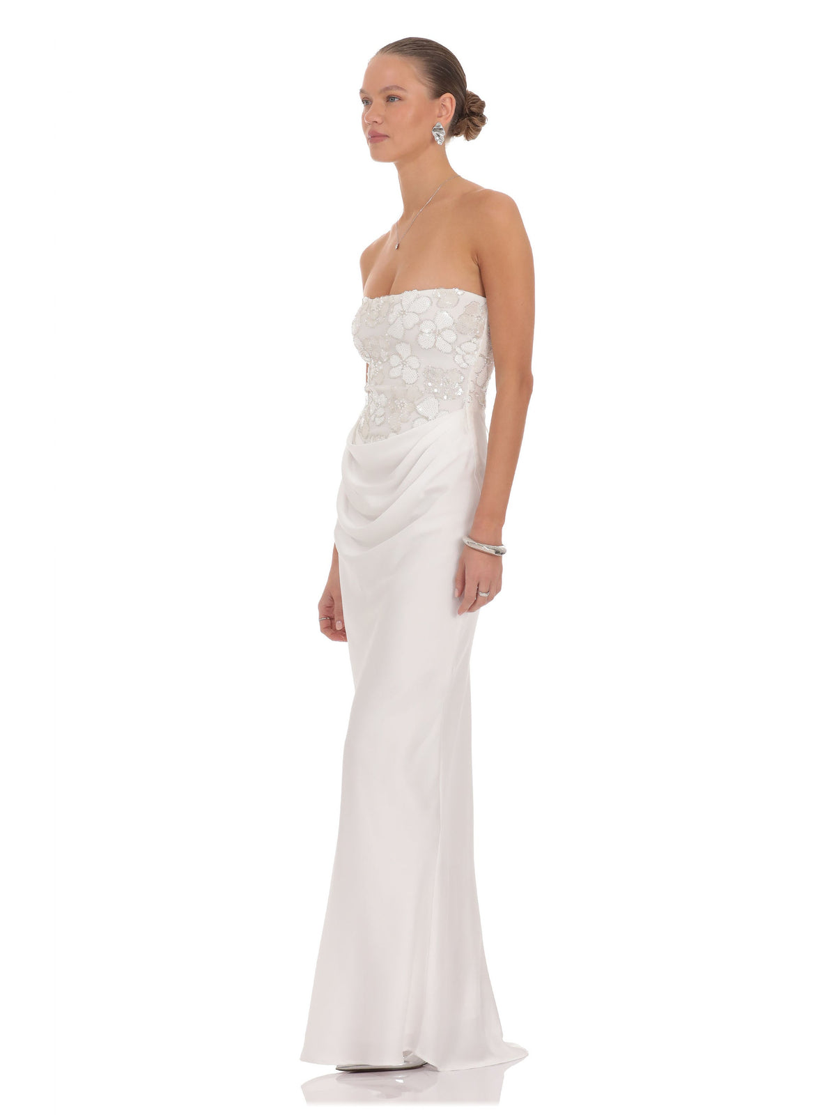 Ivory bridesmaid dress with structured woven fabric construction and maxi hem