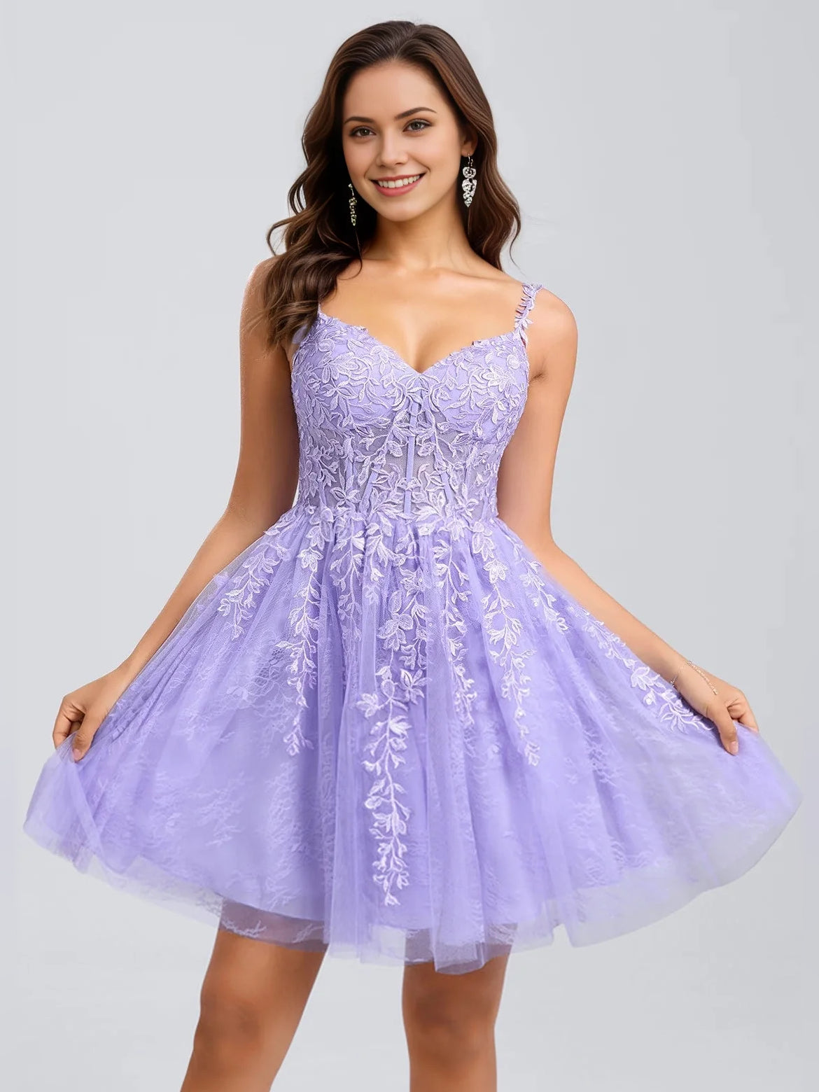 Light purple corset-style mini dress with embroidered floral bodice and V-neck tulle skirt.