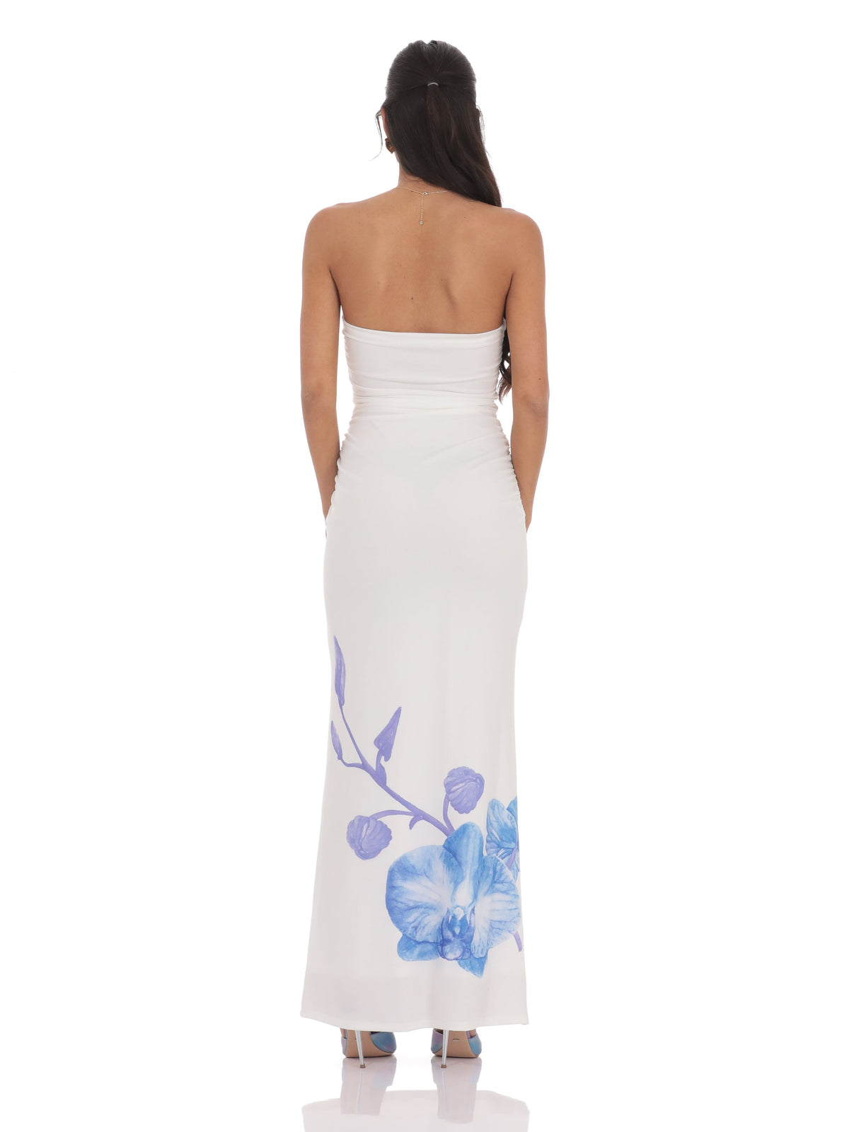 White bridesmaid dress with structured woven fabric construction and maxi hem