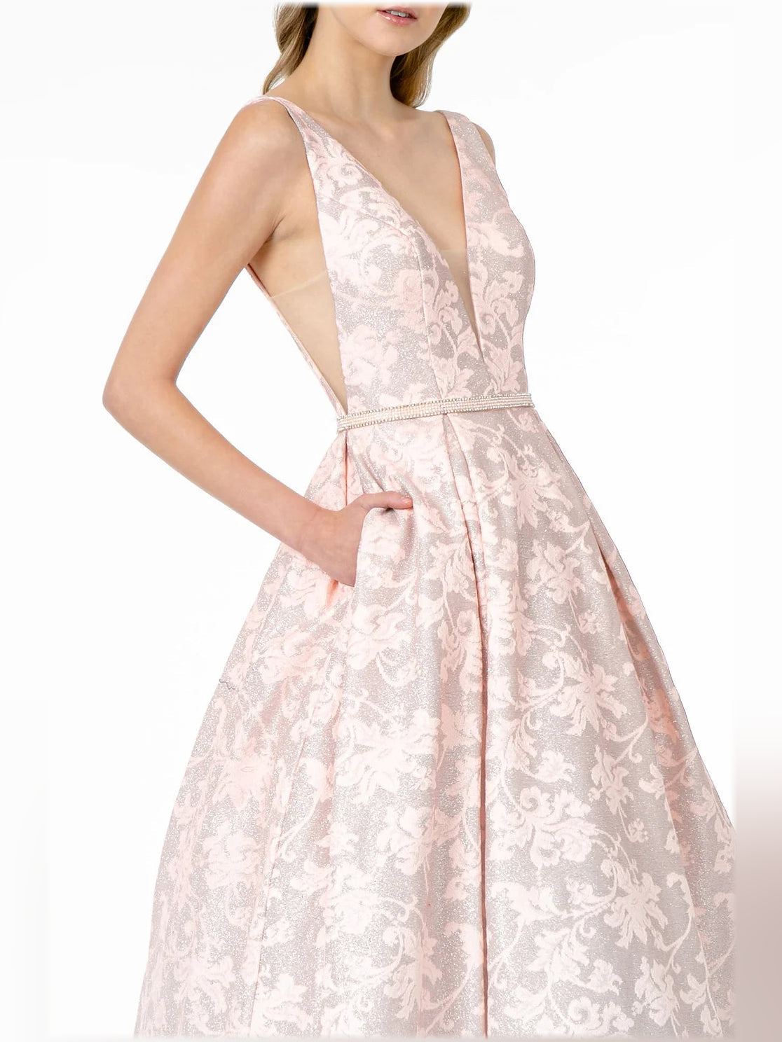 Blush pink ombre jacquard formal dress with plunging V-neck and fitted bodice