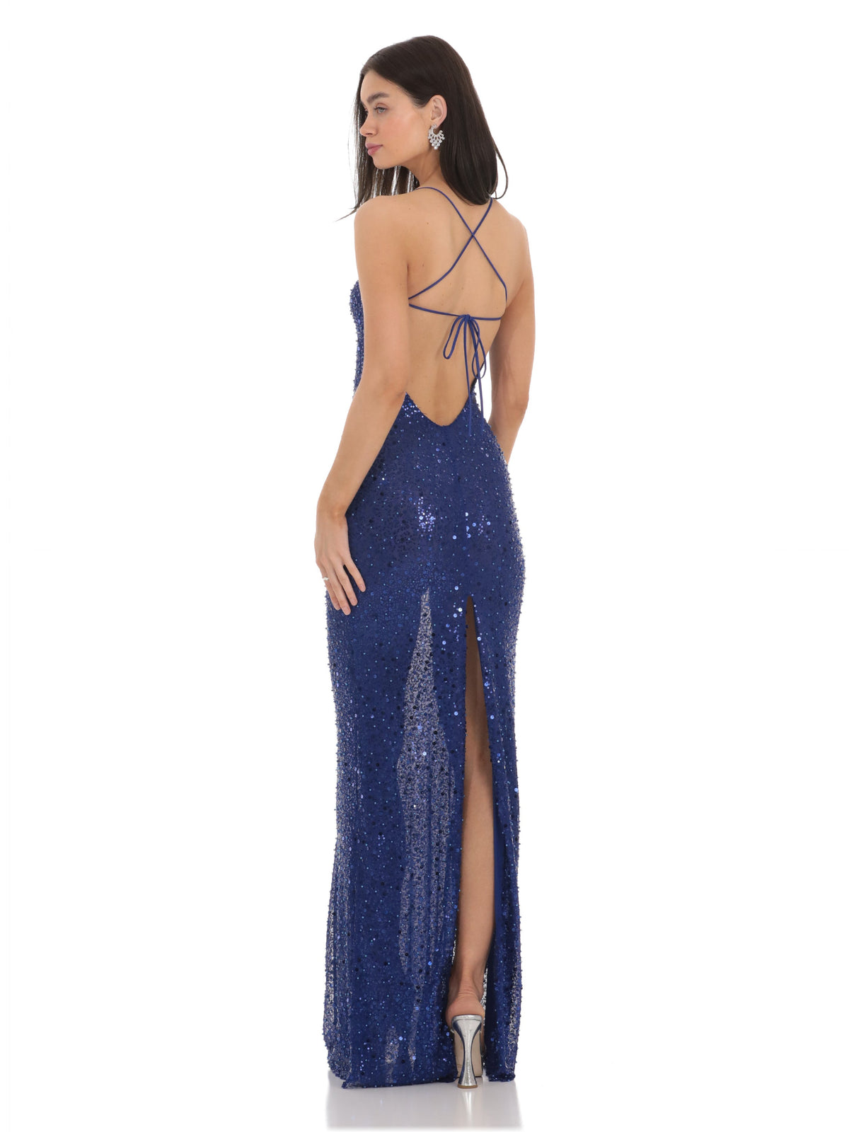 Blue bridesmaid dress with mesh construction and maxi hem