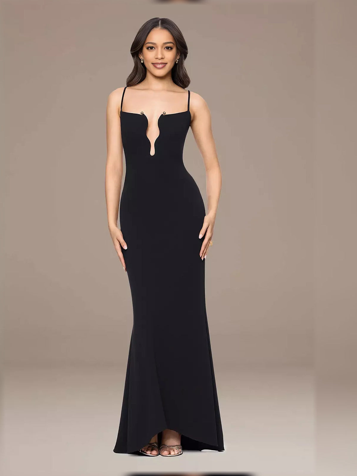 Black spaghetti-strap mermaid maxi formal dress with keyhole bust and side slit