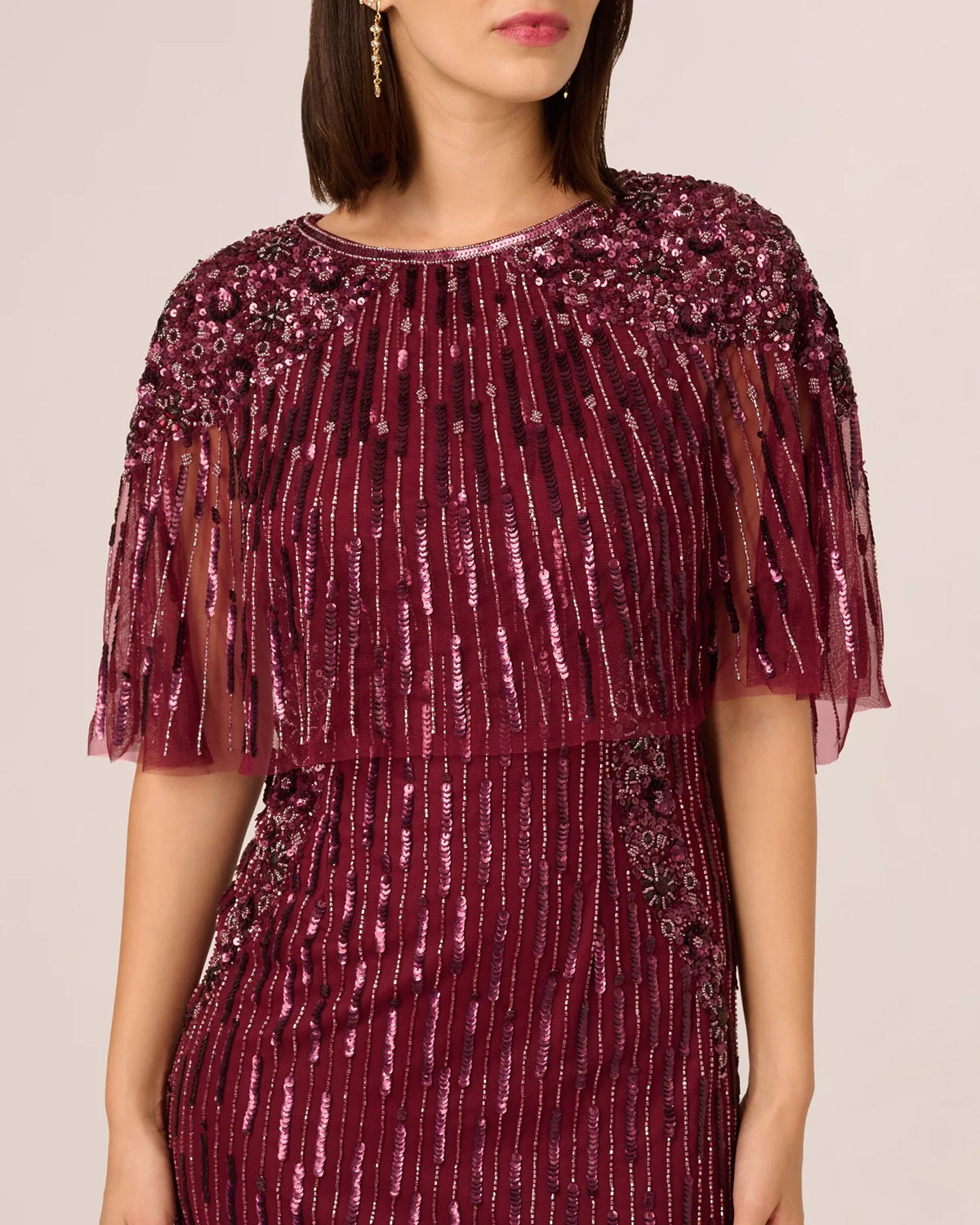 Burgundy sequin boat-neck dress top with fringe overlay and bead-like accents