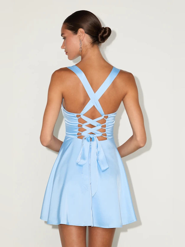 Light blue satin mini homecoming dress with lace-up crisscross back and bow detail