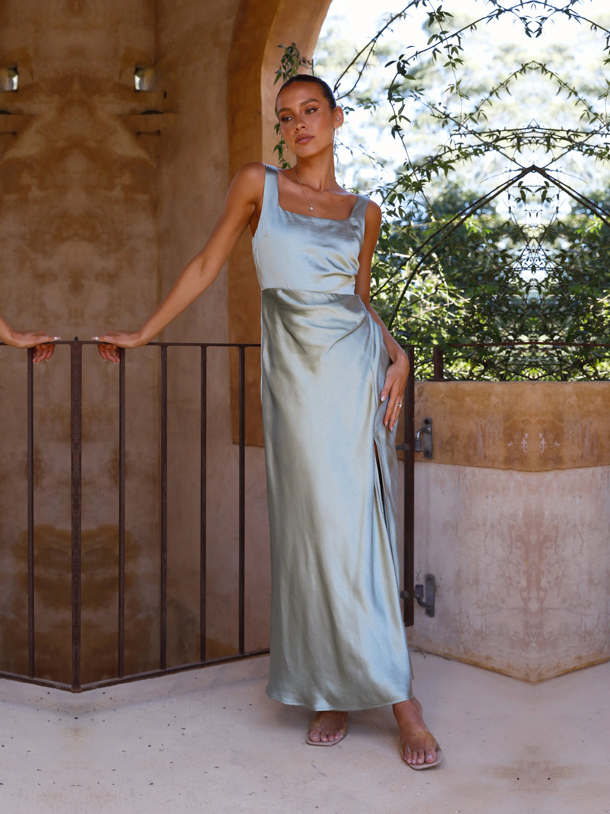 Sage sheath maxi formal dress with one-shoulder neckline, alternate view