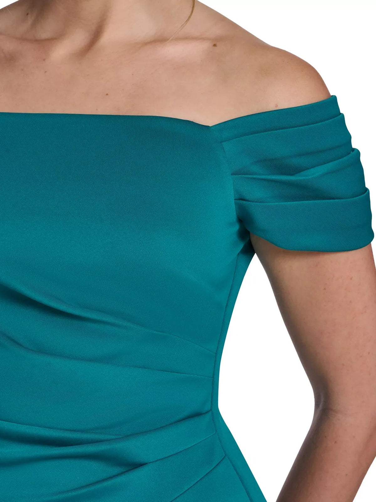 Teal off-the-shoulder bodice with gathered pleats and ruched side seam