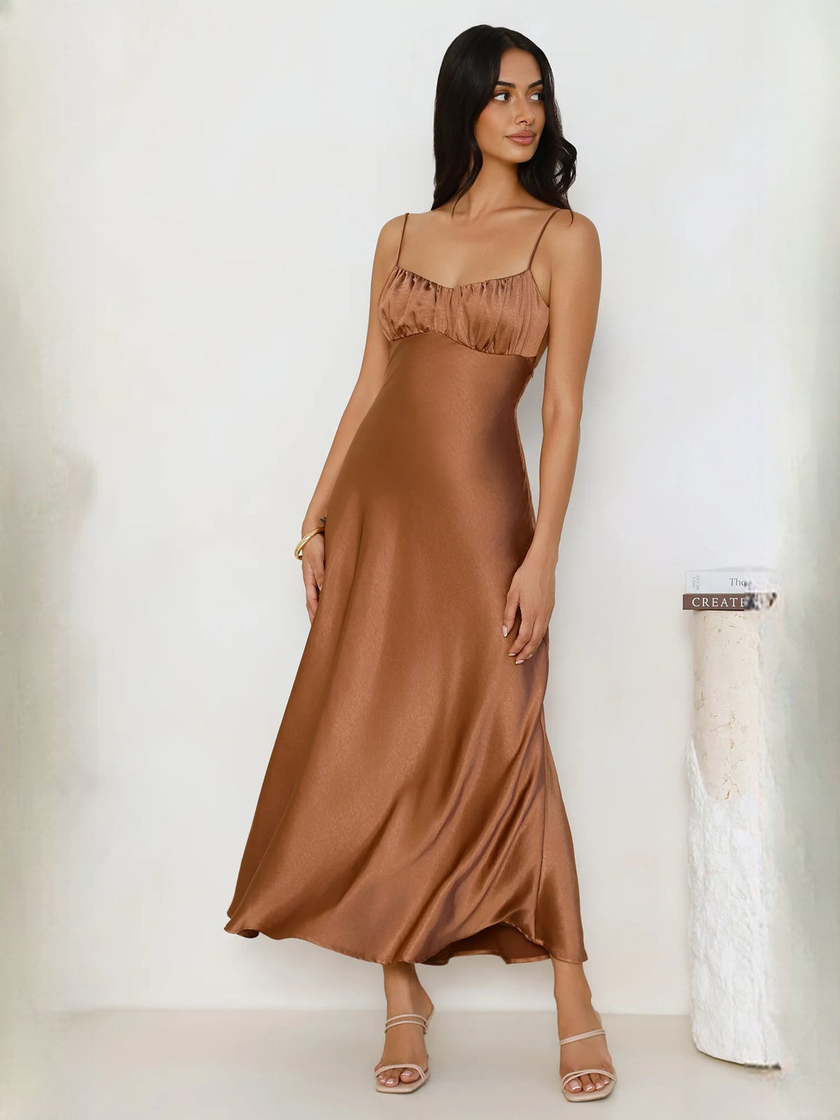Chocolate a-line midi formal dress with pleated skirt, alternate full-length view