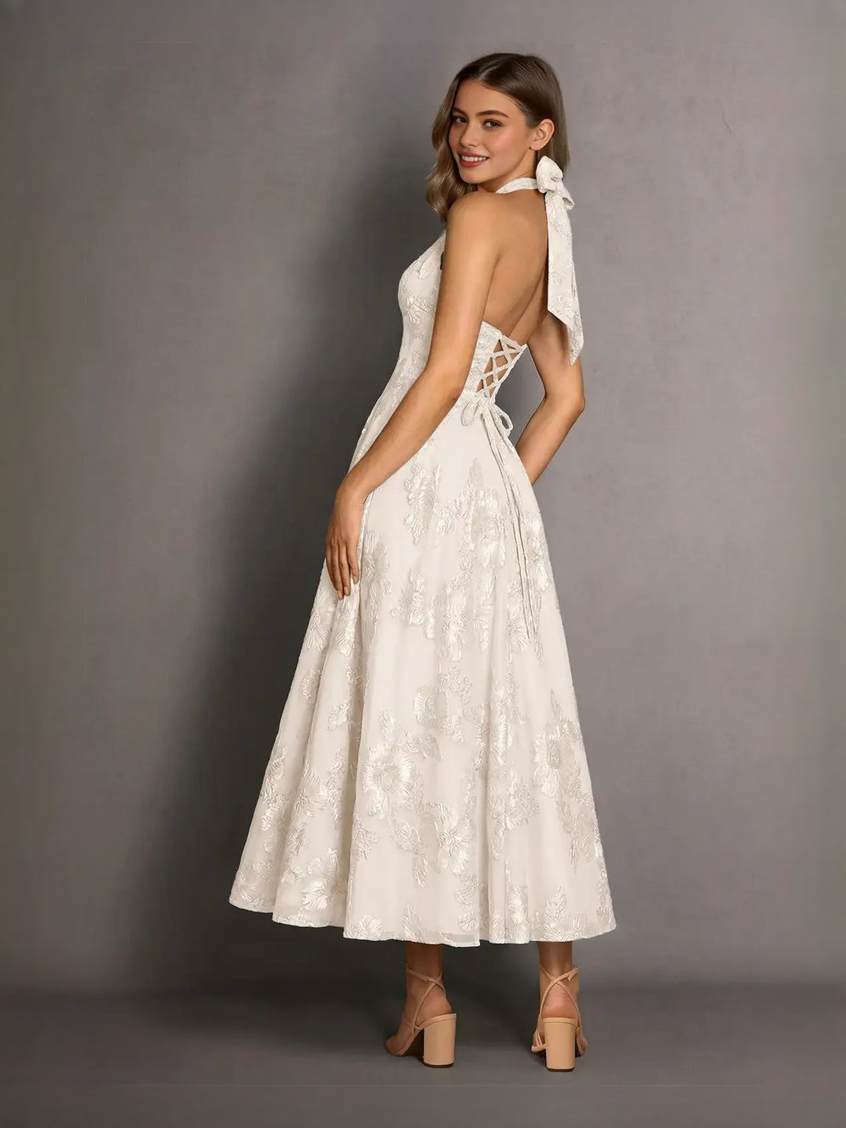 Ivory halter neck A-line midi prom dress, open back with ribbon tie