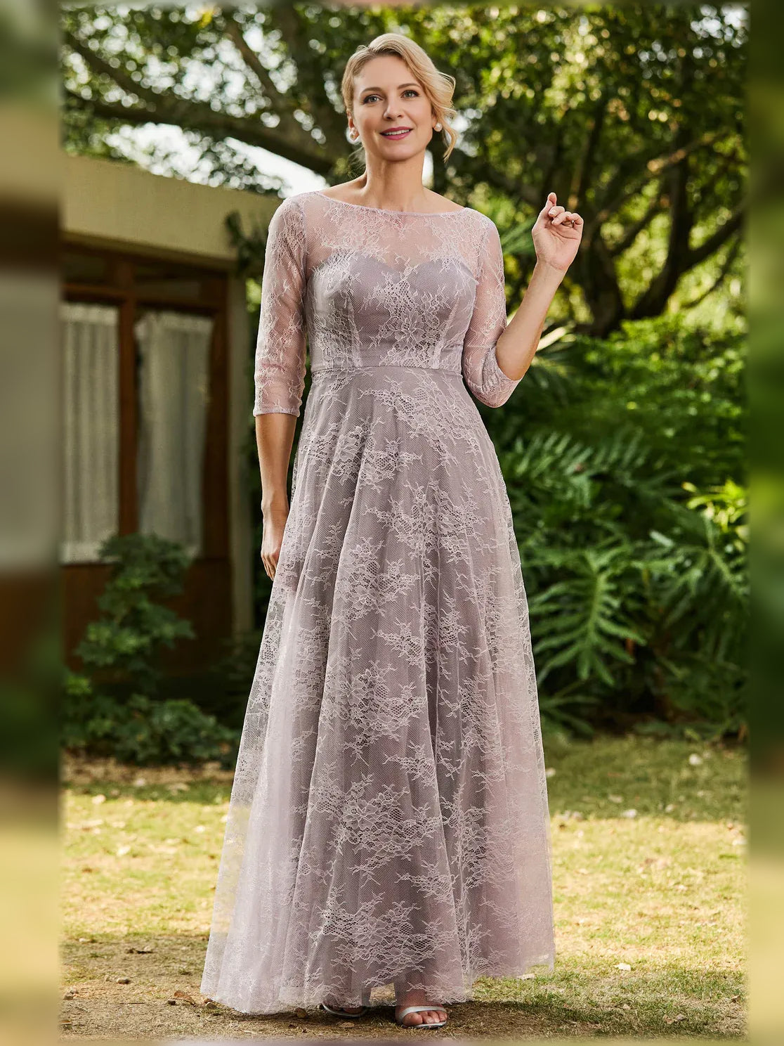 Dusty pink floral lace boat-neck A-line maxi dress with 3/4 sleeves