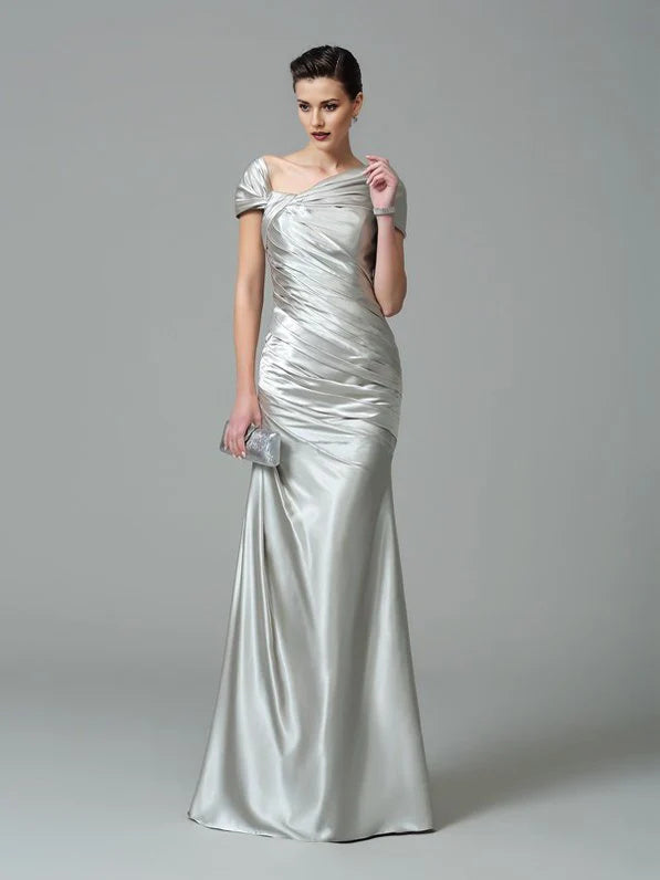 Silver satin one-shoulder mermaid gown with ruched front drape and cap sleeves
