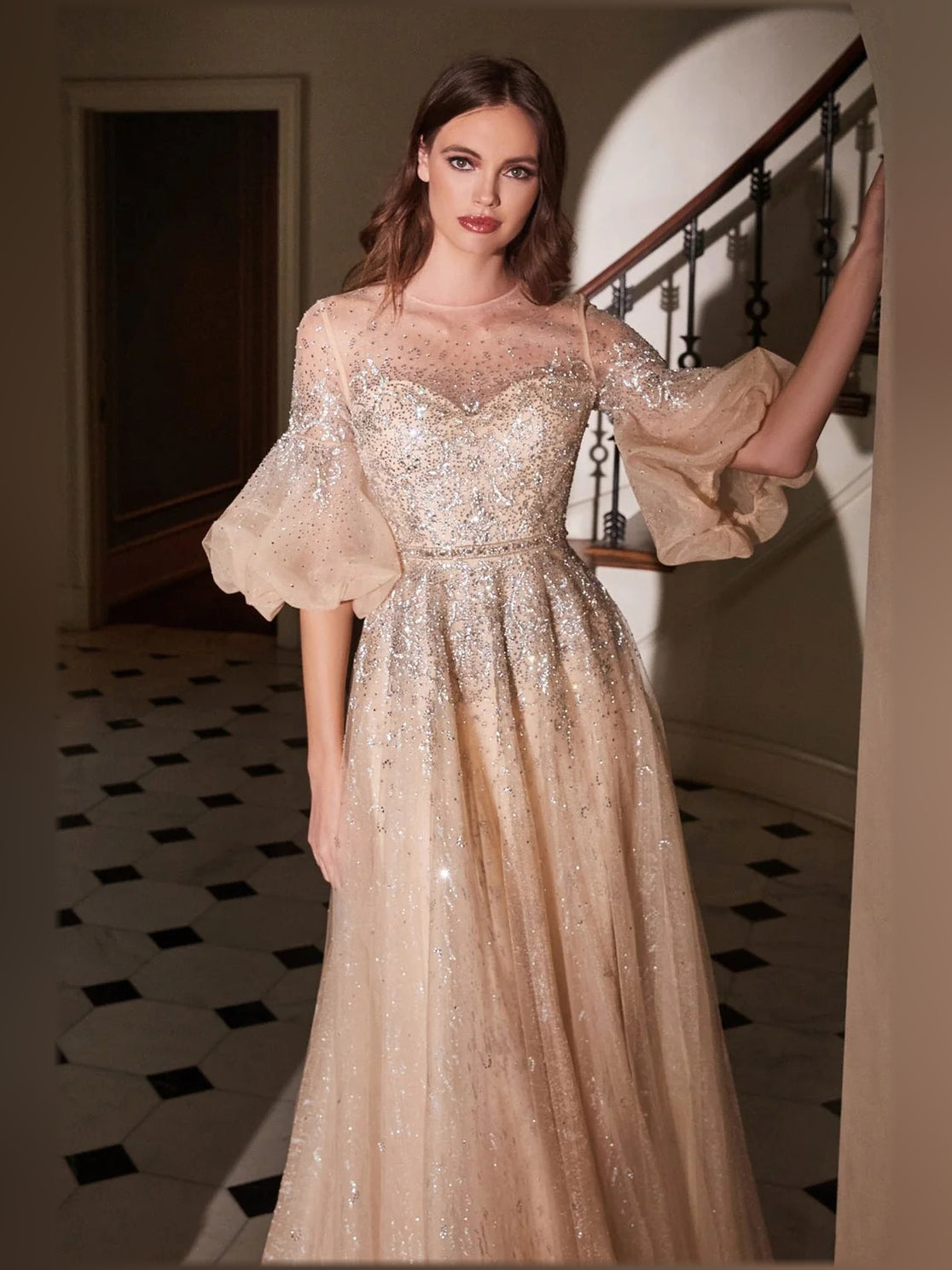 Champagne floor-length A-line formal dress with beaded bodice and puff sleeves