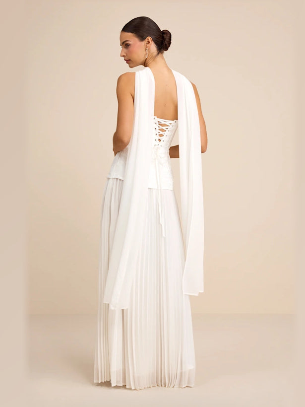 White formal dress with chiffon construction and maxi hem