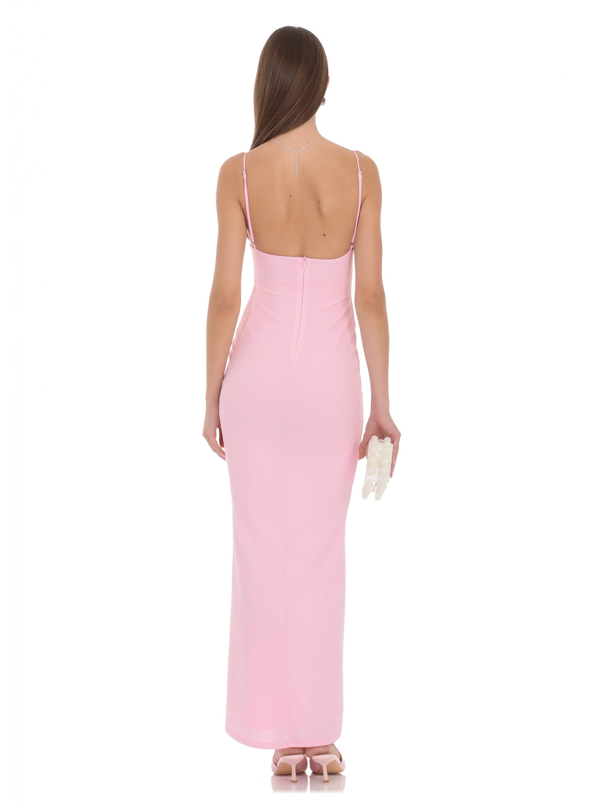 Pink bridesmaid dress with mesh construction and maxi hem