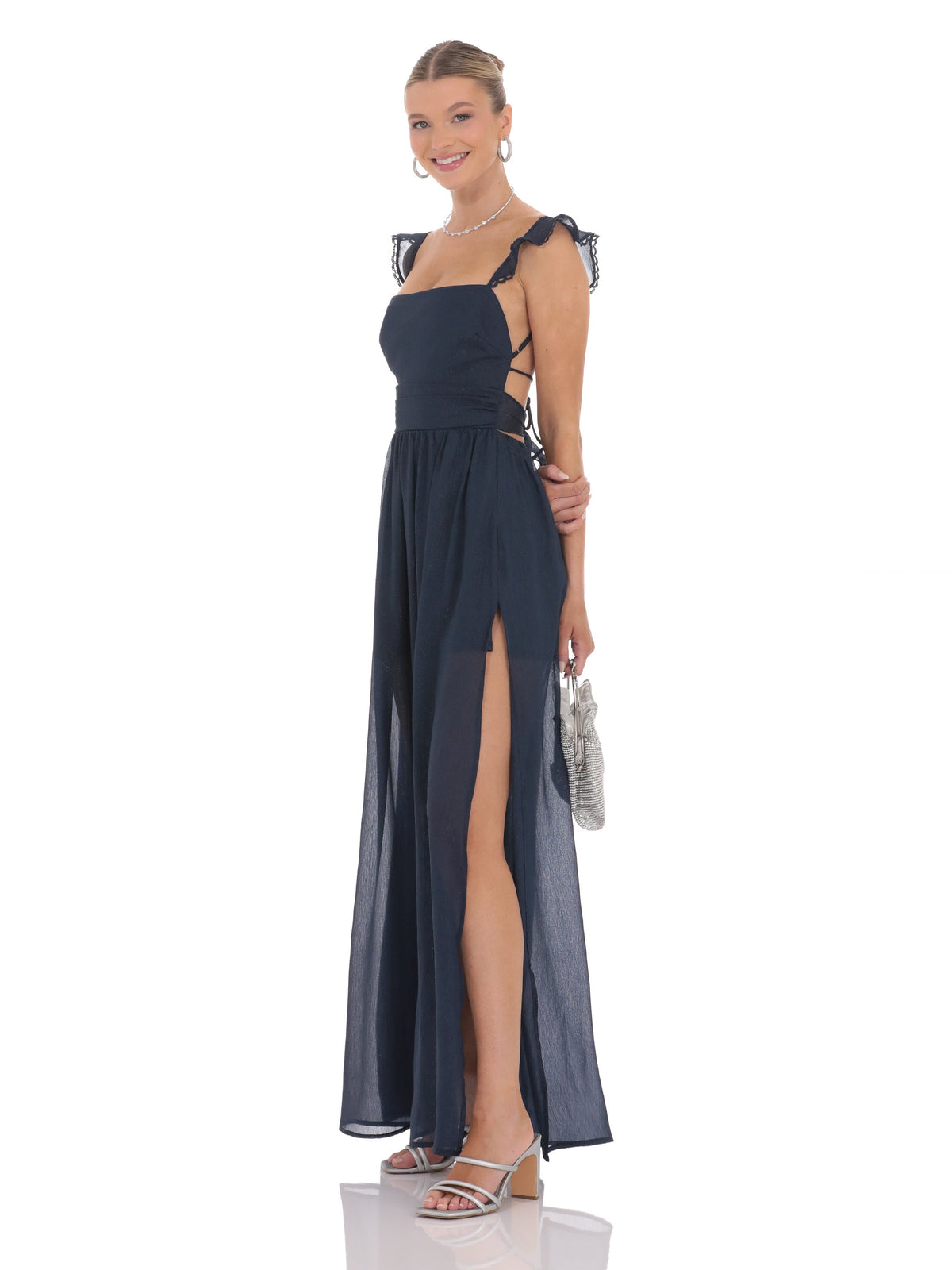 Navy bridesmaid dress with chiffon construction and maxi hem