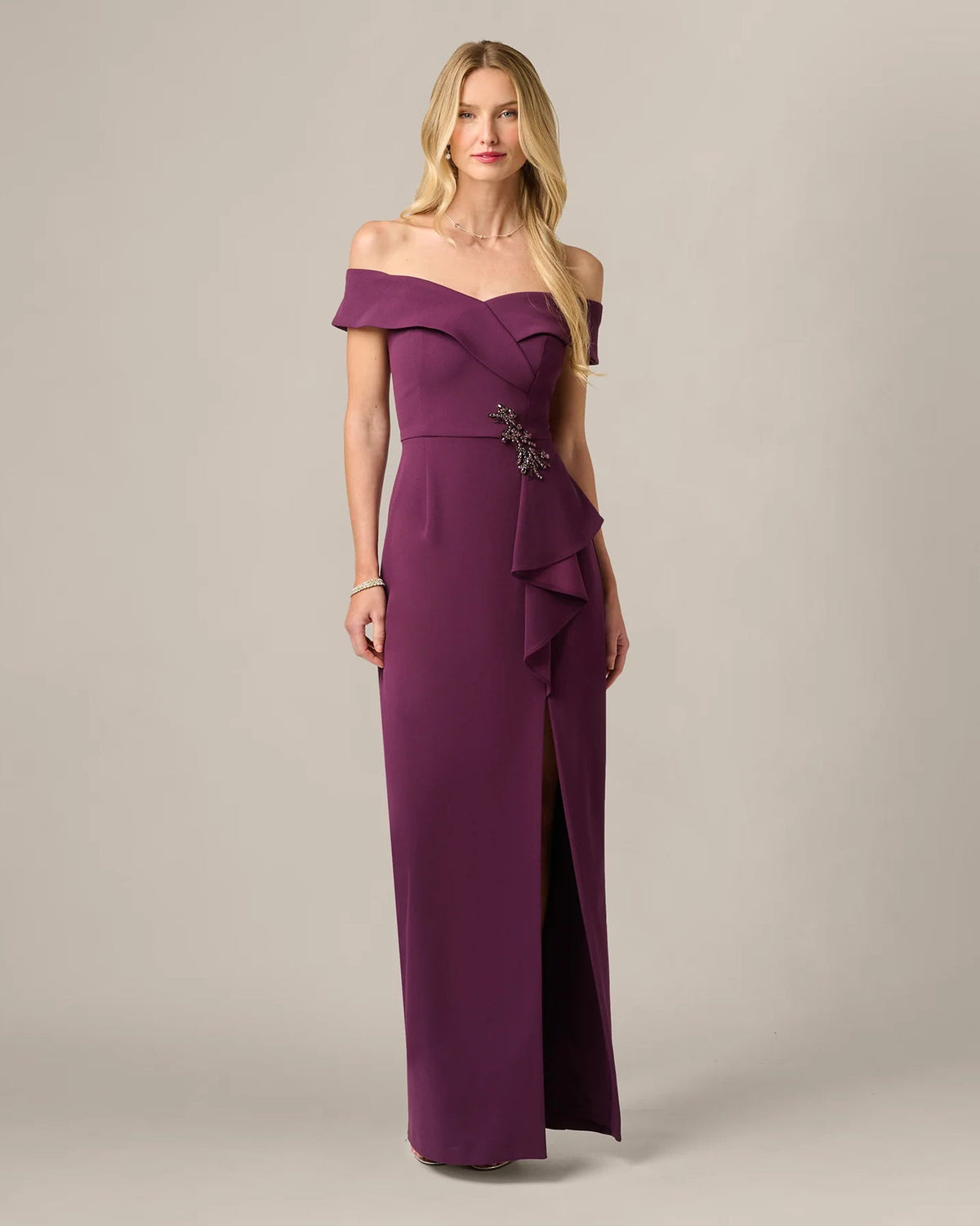 Plum wine off-shoulder A-line maxi dress with draped overlay and thigh-high slit