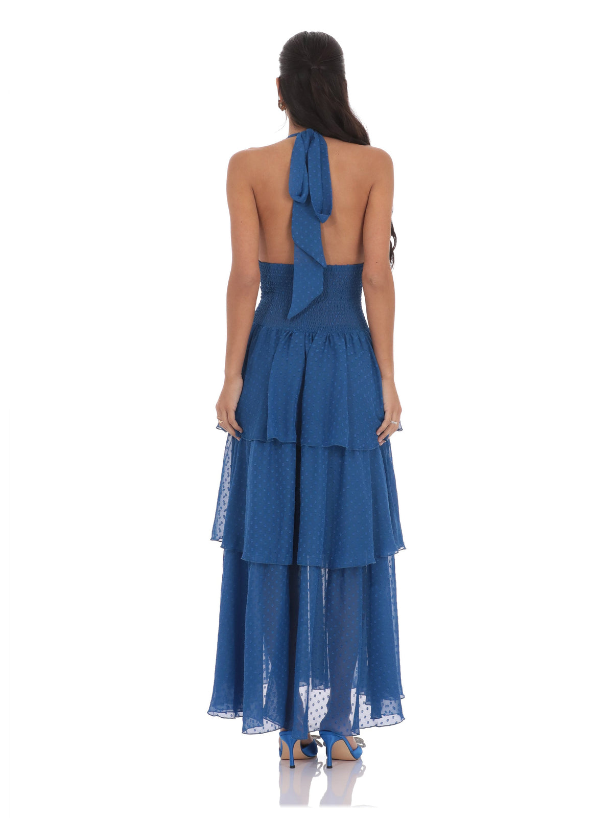 Blue bridesmaid dress with structured woven fabric construction and maxi hem