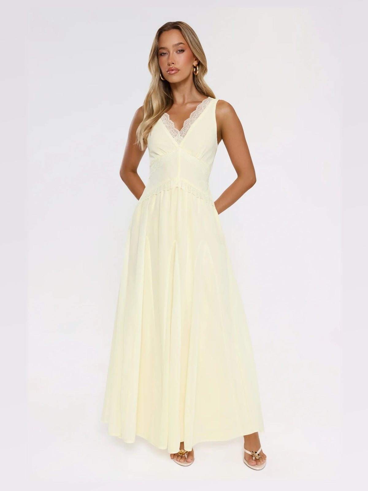 Yellow maxi formal dress, alternate full-length view showing the waistline
