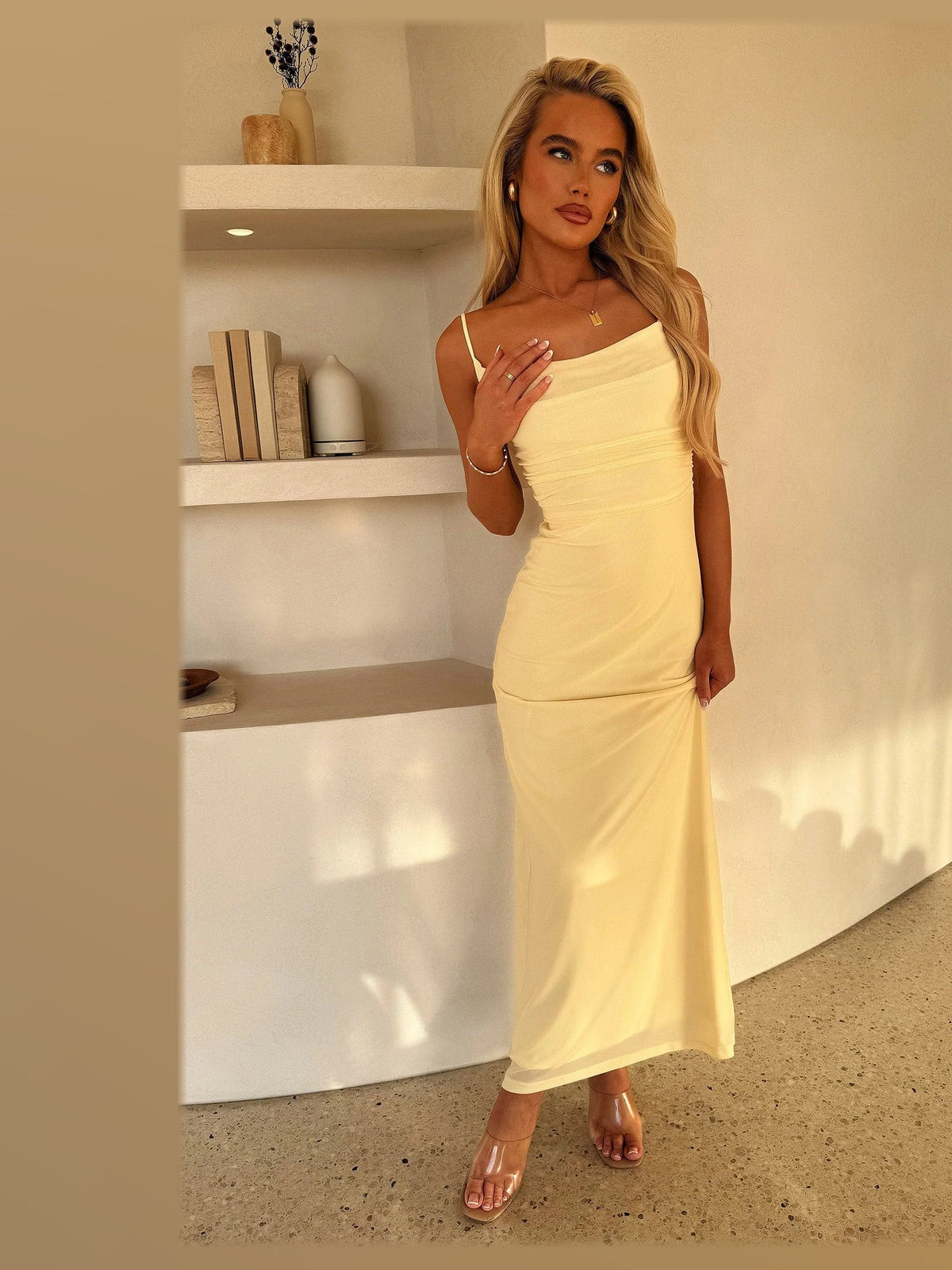 Yellow maxi formal dress, alternate full-length view showing the waistline