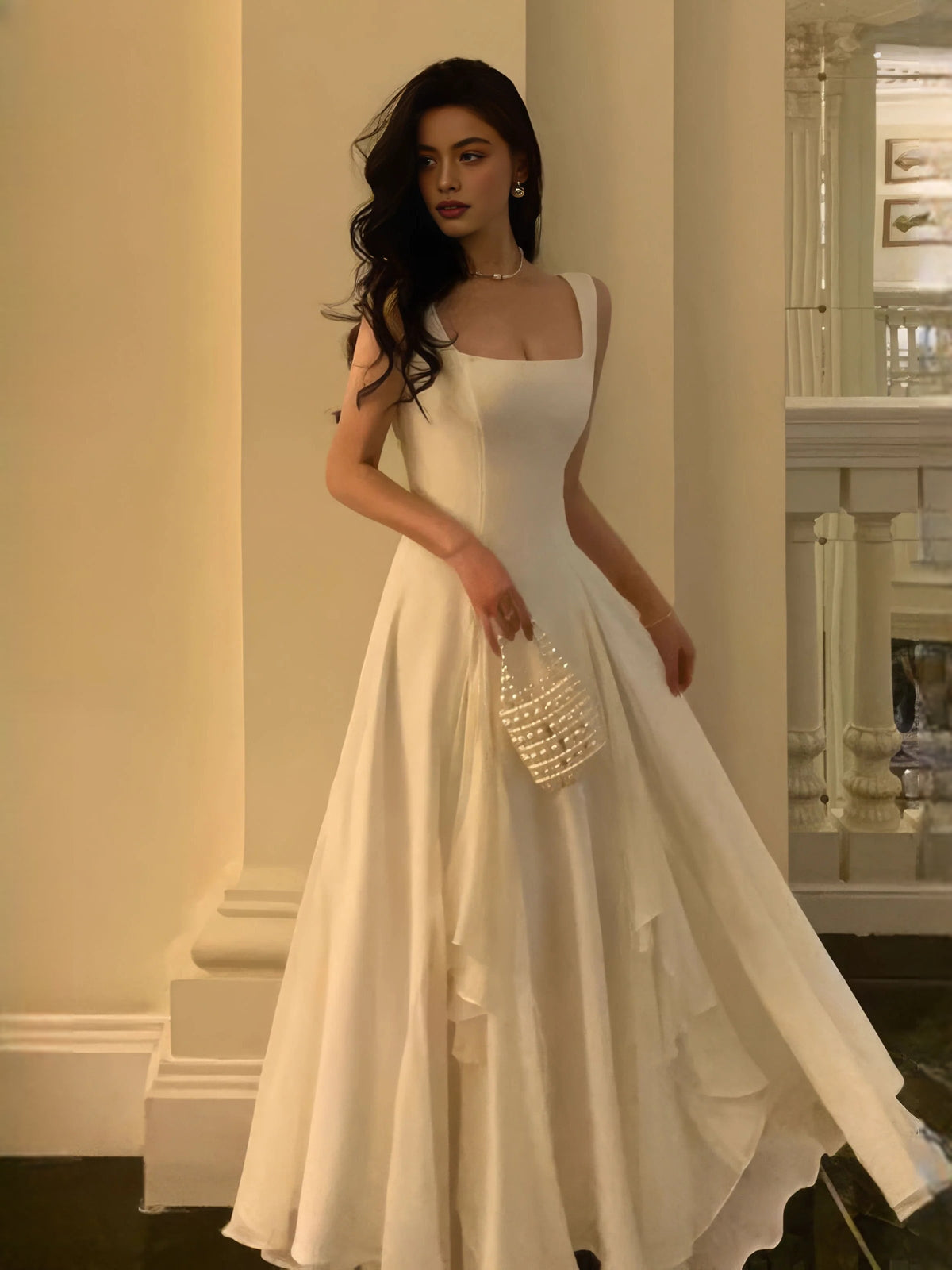 Ivory square-neck A-line wedding dress with layered skirt tiers, sleeveless bodice