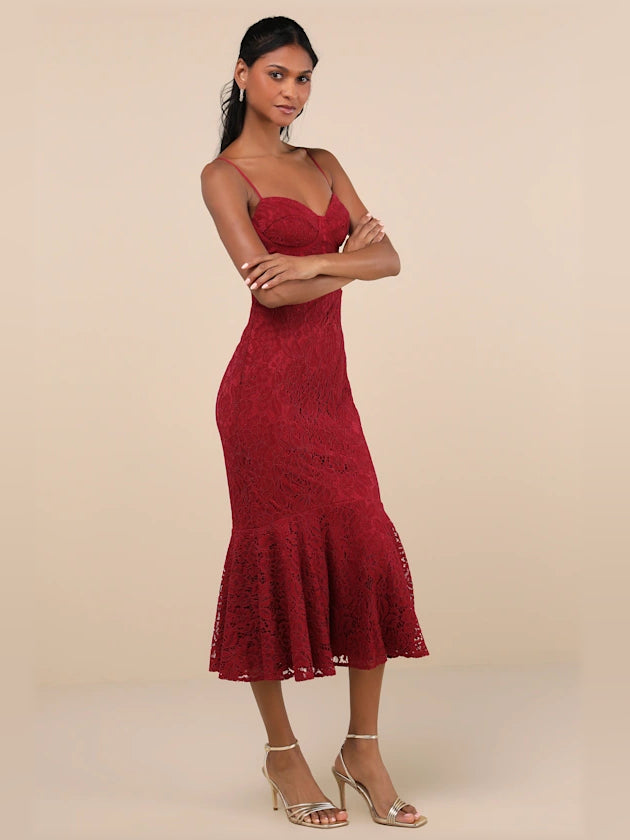 Wine red lace sleeveless midi dress with fitted silhouette and scalloped hem