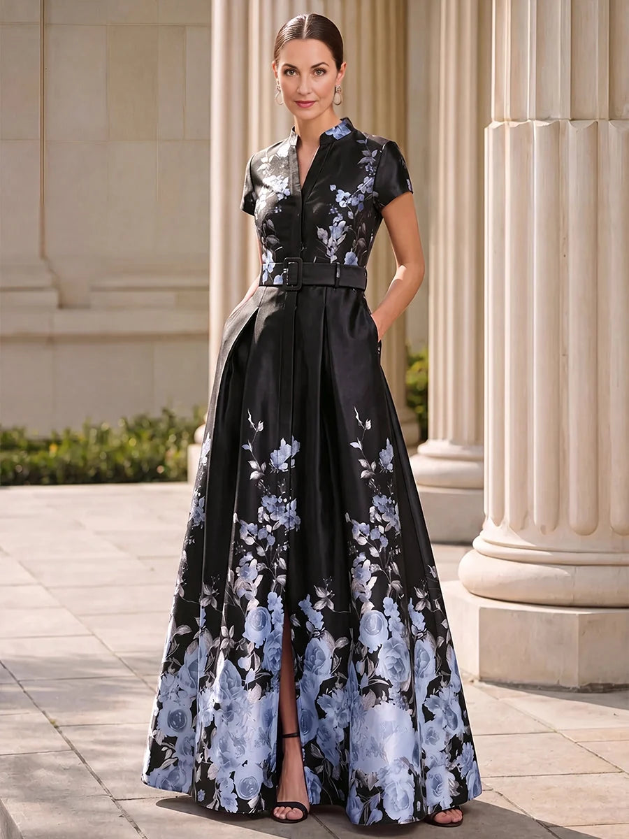Black floral satin high-neck A-line maxi dress with front slit, short sleeves