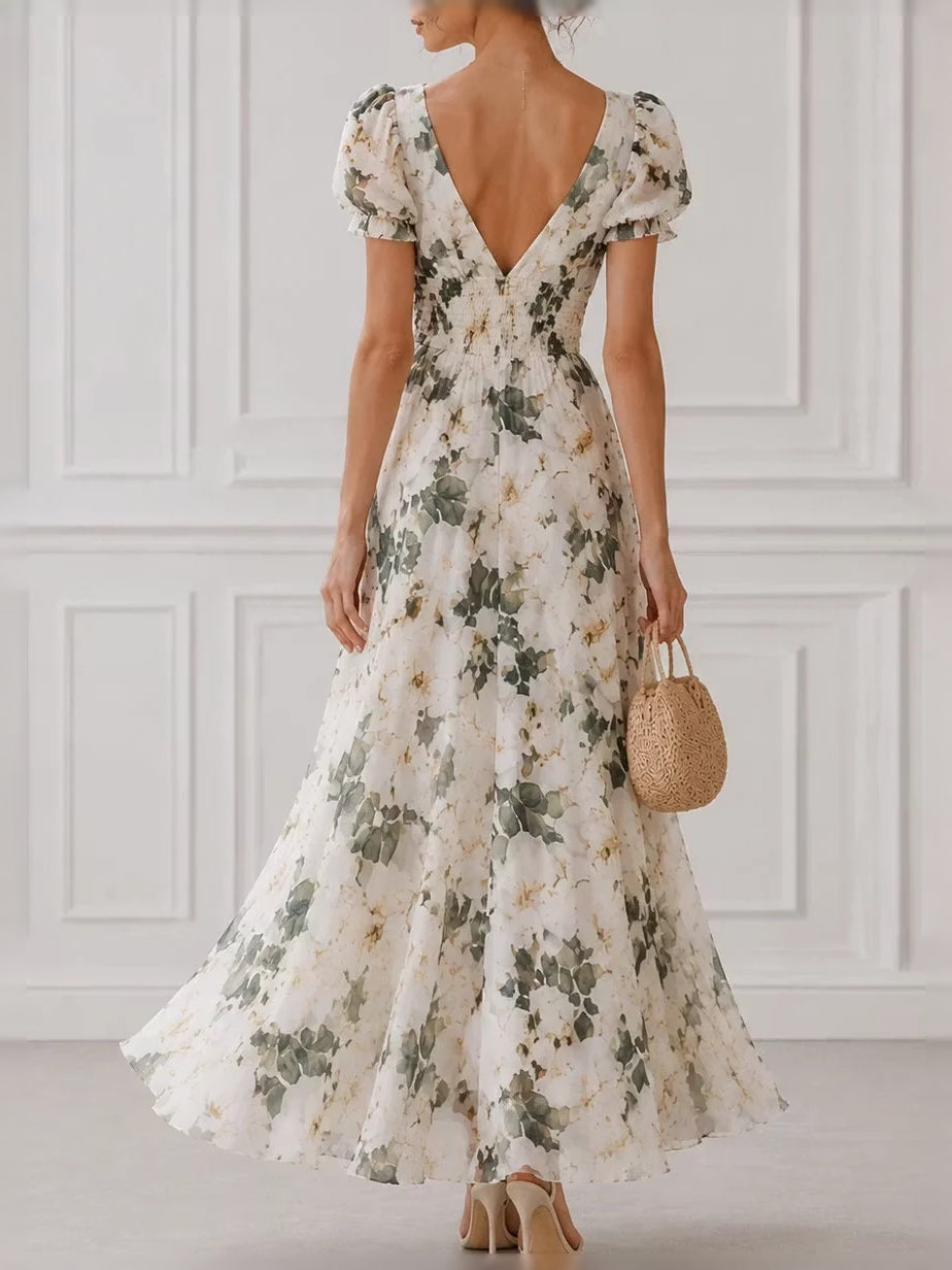 Ivory floral chiffon midi dress with V-back, puff sleeves, and front slit