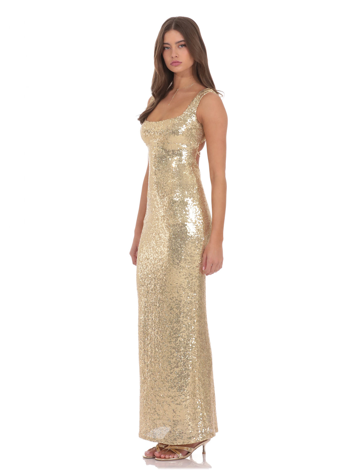 Gold bridesmaid dress with mesh construction and maxi hem