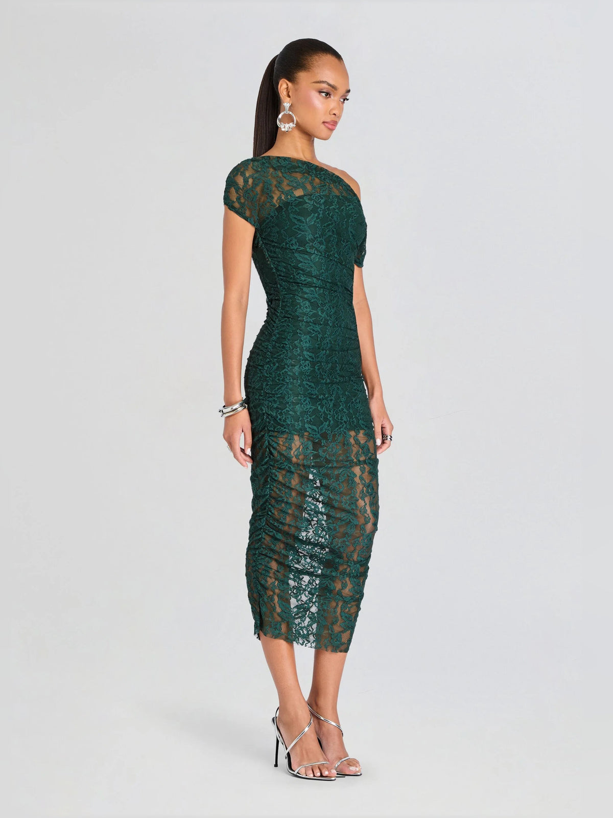 Teal lace midi dress with one-shoulder neckline and fitted sheath silhouette
