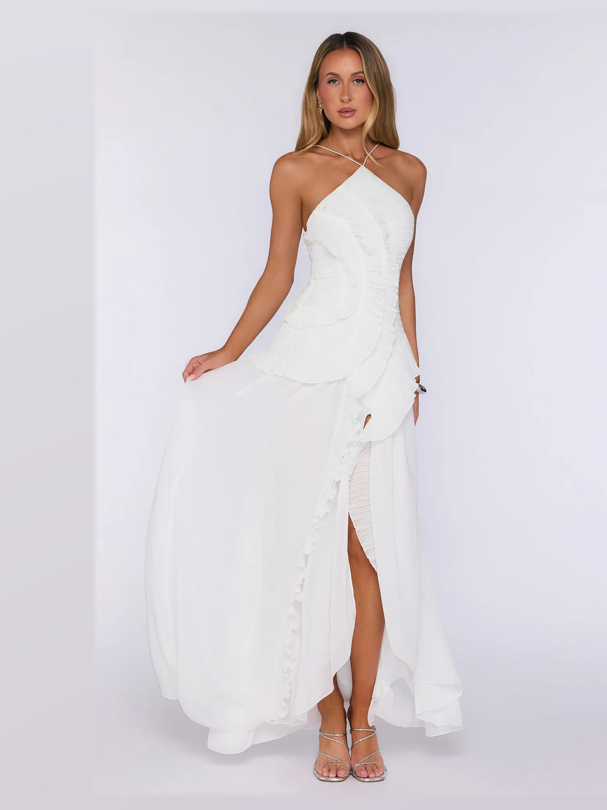 Peach formal dress with structured woven fabric construction and maxi hem