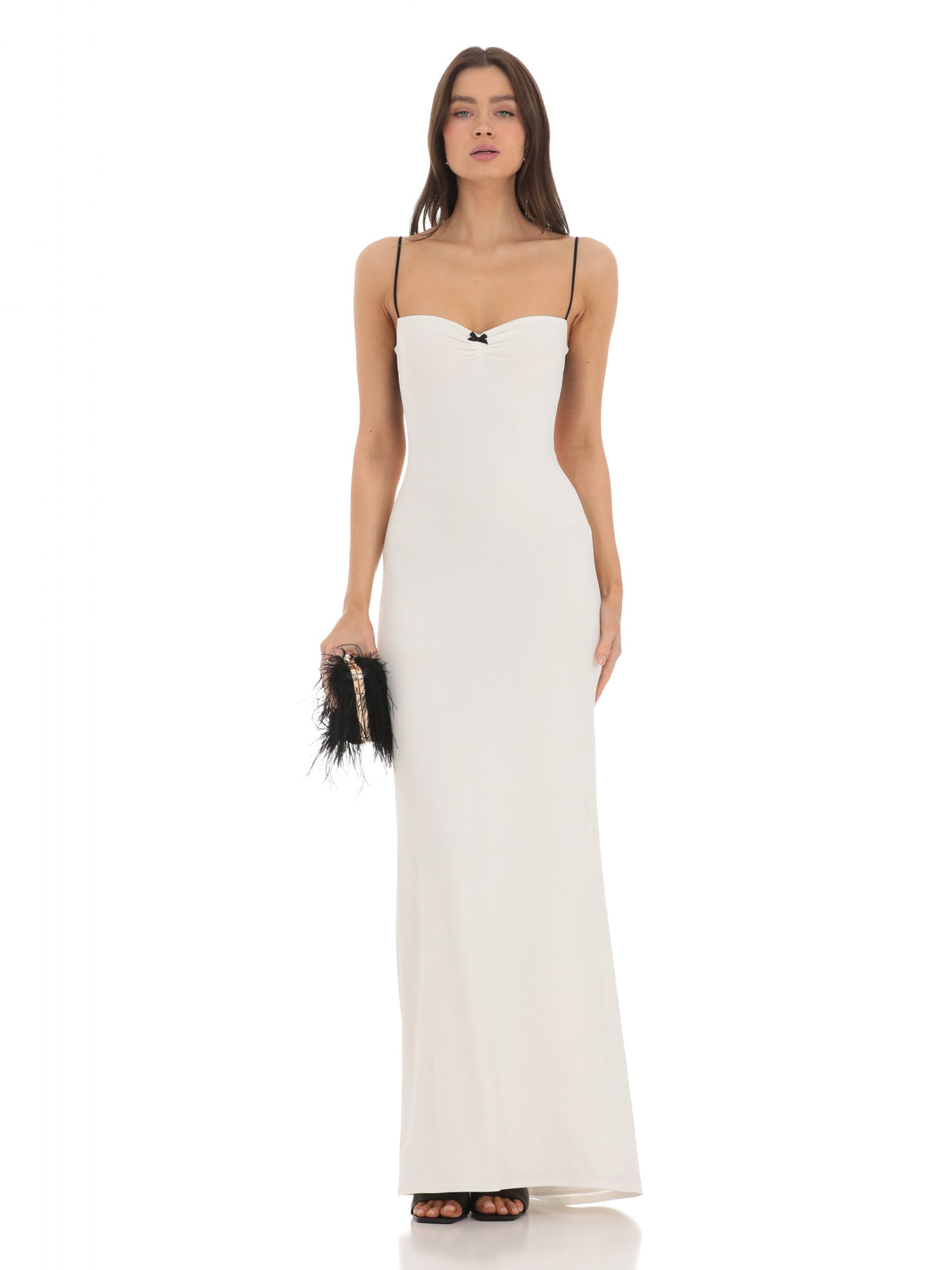 White bridesmaid dress with structured woven fabric construction and maxi hem