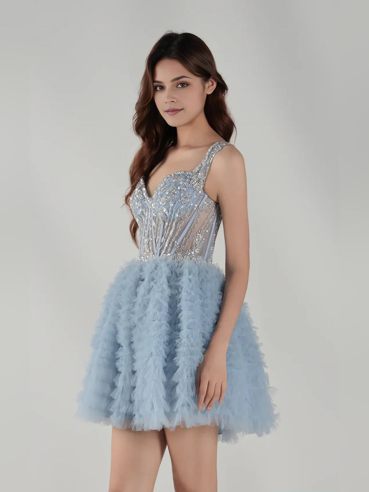 Dusty blue A-line mini dress with sweetheart glitter bodice and fluffy ruffled tulle hem