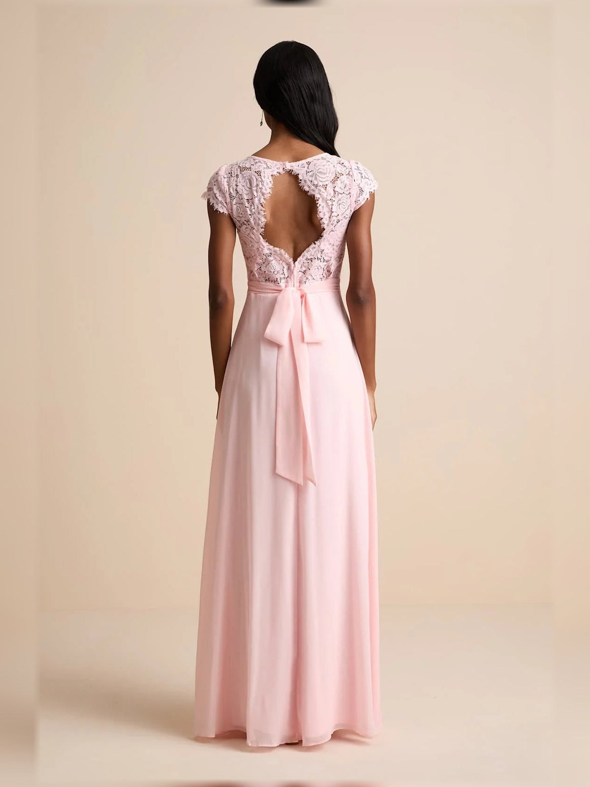 Blush pink maxi dress with lace cap sleeves and open back