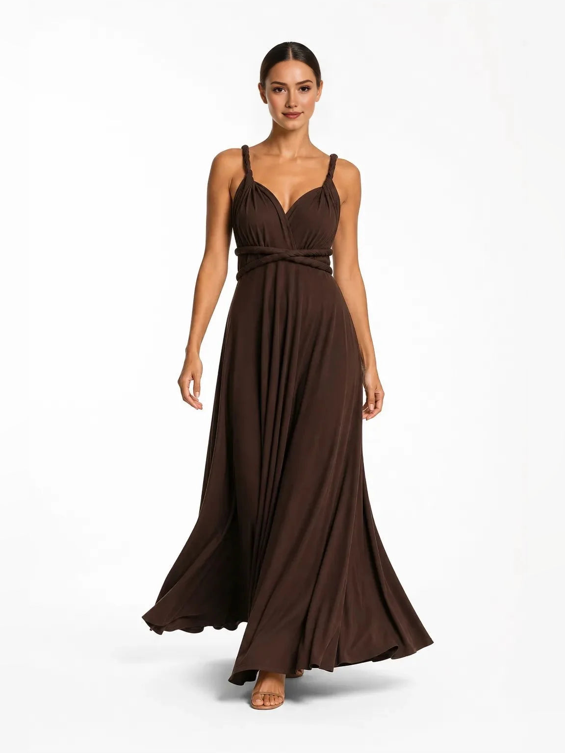 Chocolate-brown V-neck A-line maxi dress with spaghetti straps and pleated skirt