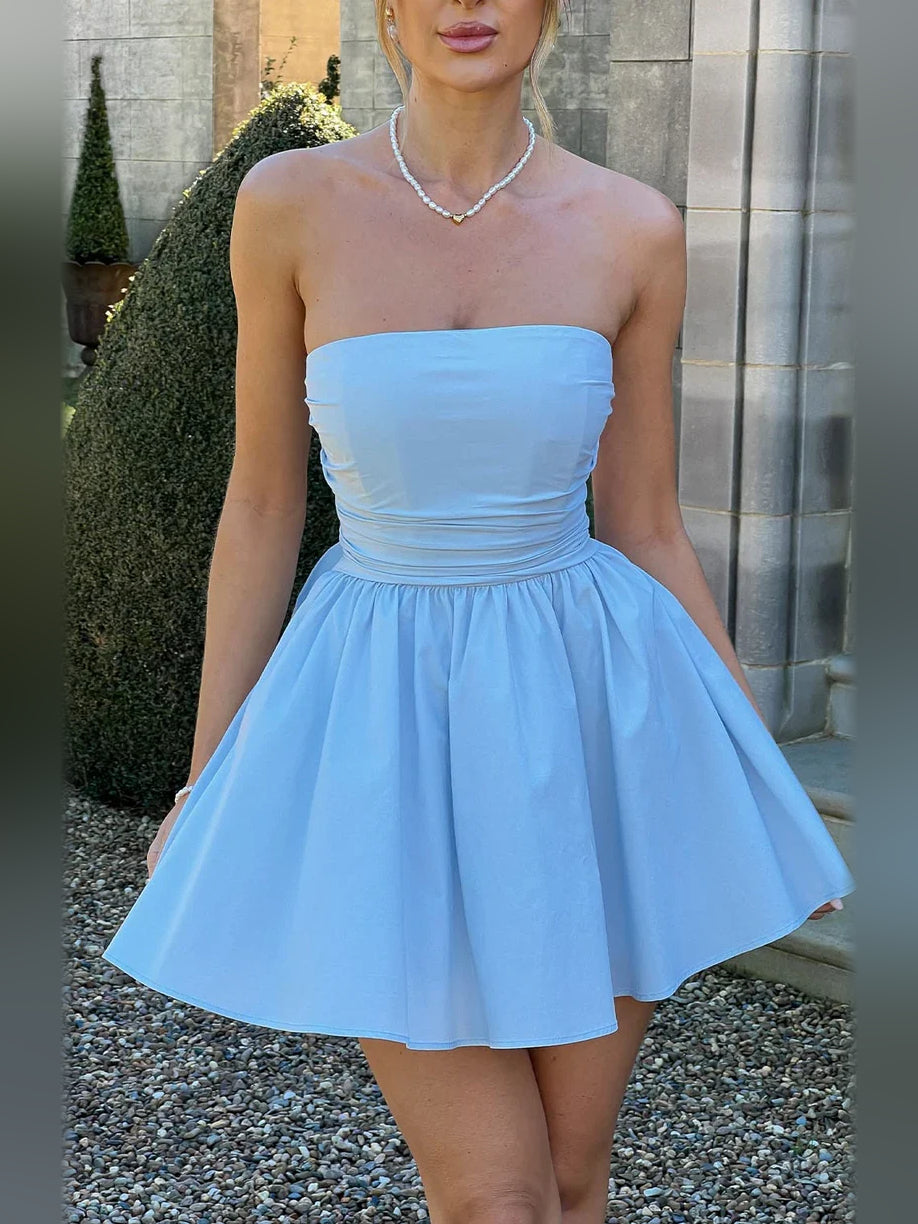 Light blue strapless mini A-line dress with ruched bodice and flared skirt.