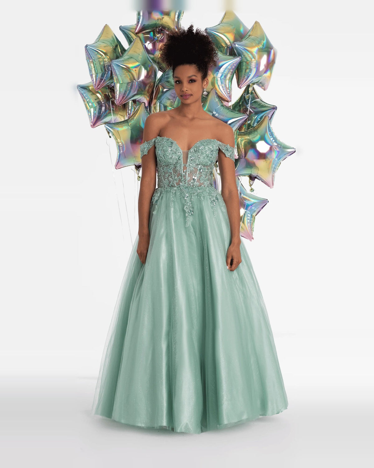 Sage green embroidered corset sweetheart ball gown with off-shoulder sleeves