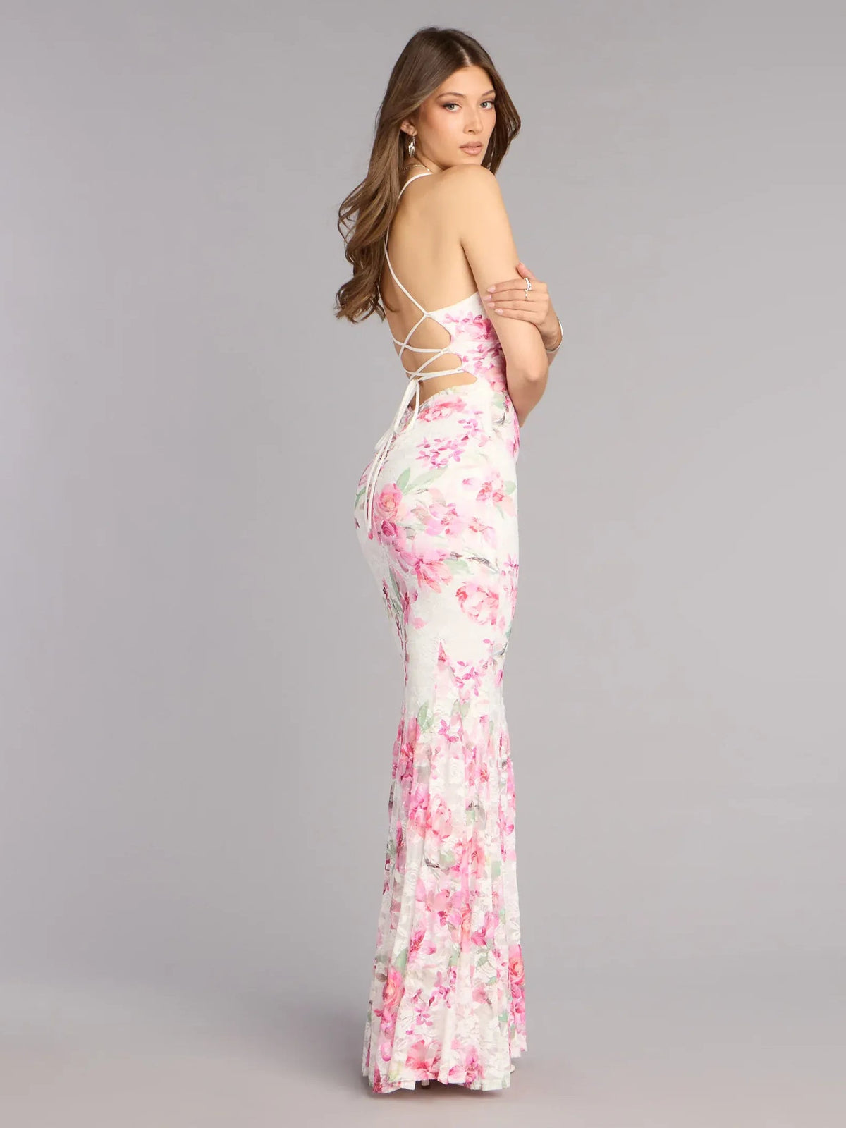 Floral spaghetti-strap open-back formal dress, floor-length fitted