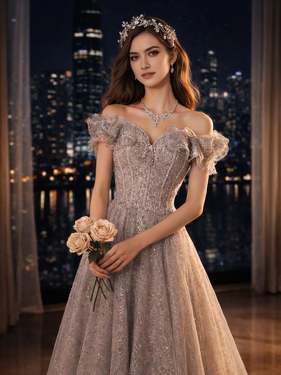 Light gray corset prom dress with off-shoulder neckline and layered tulle skirt, floor length