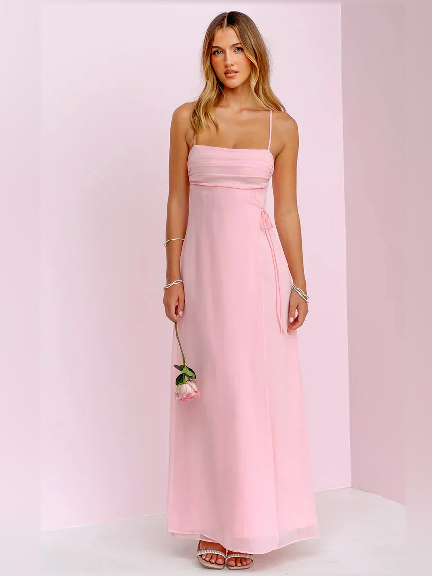 Pink spaghetti strap A-line formal dress with ruched bodice and waist tie