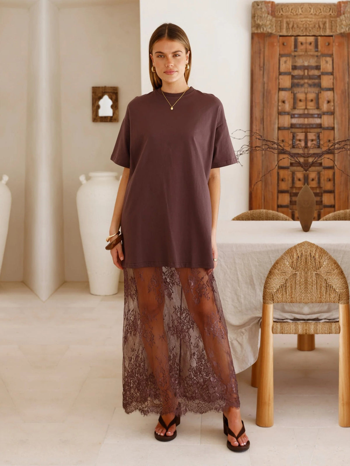 Brown a-line maxi formal dress with a-line, alternate view showing the bodice